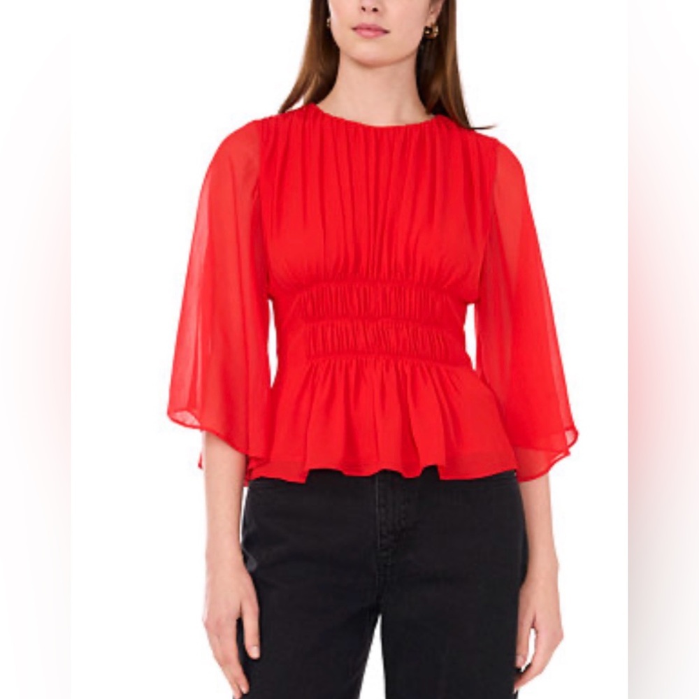 NWT Parker Elodie Red Smocked-Waist Top M